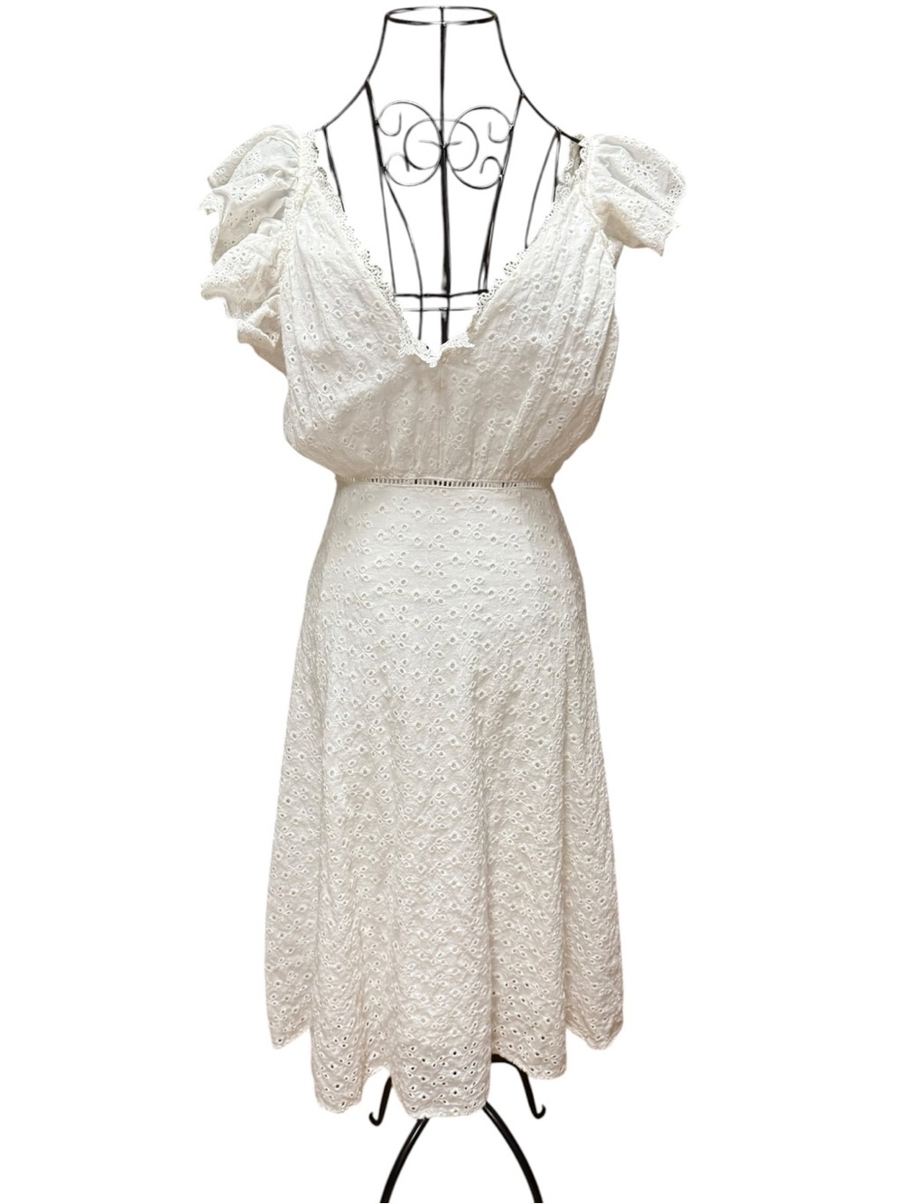 White Eyelet V-Neck Midi Prairie Dress with Puff Ruffle Sleeves XS